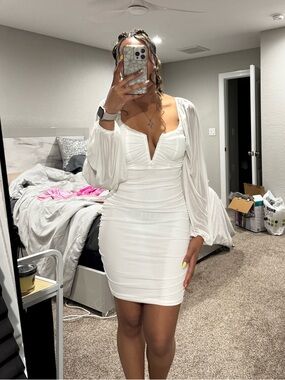 Amazon FANTOYE ruched plunge v-neck bodycon lantern mesh long sleeve dress